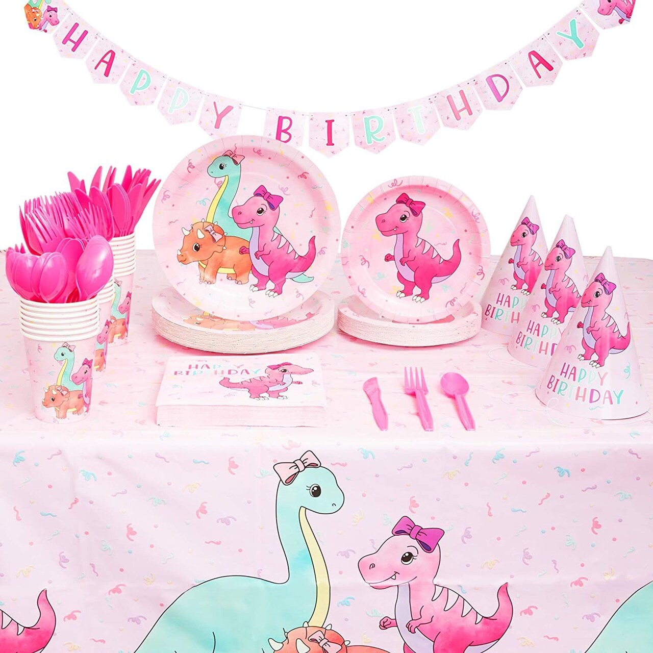 195-Piece Pink Baby Girl Dinosaur Birthday Party Supplies with